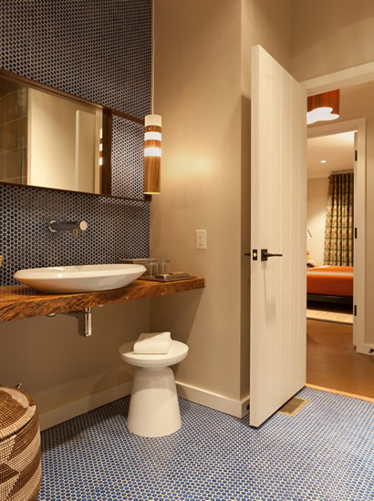 Bathroom with chrome fixtures and heated floors.