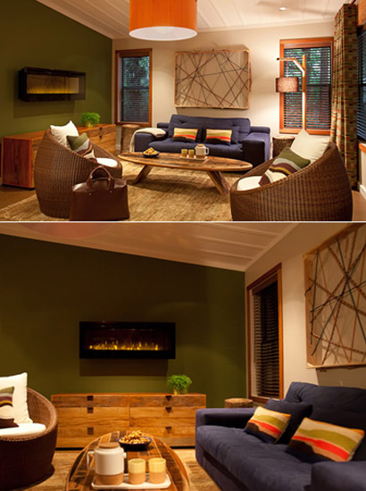 Top photo of living area with blue couch and chairs. Bottom photo of same living area facing fireplace.