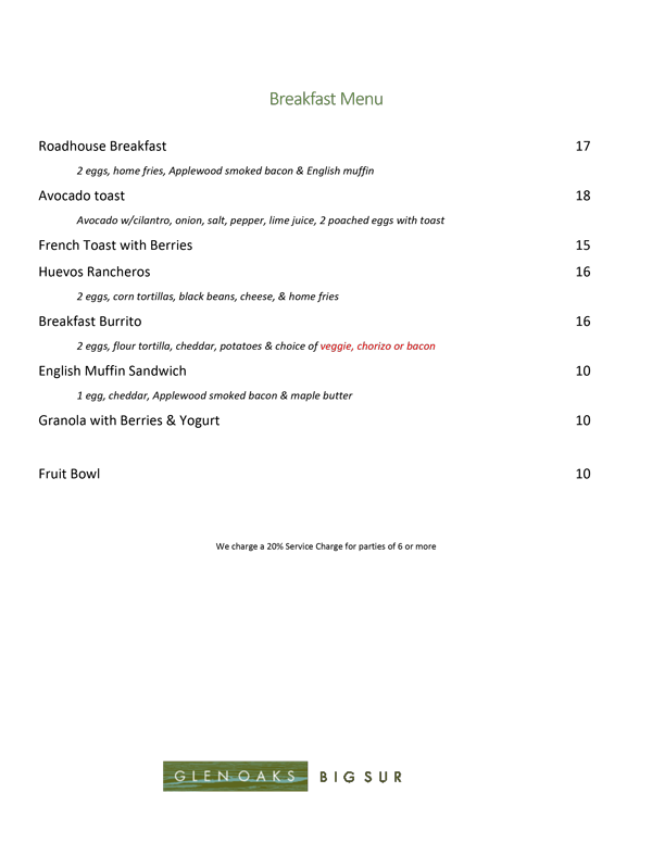 sample Breakfast menu