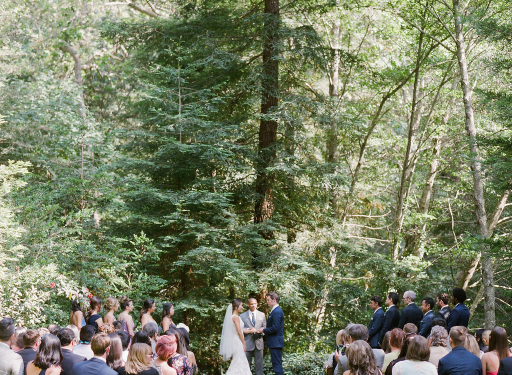 Bride, groom, wedding officiant and attendees enjoying ceremony in forest setting.